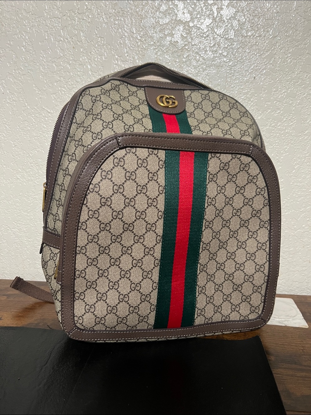 Beige/Brown Backpack with Red & Green Stripe